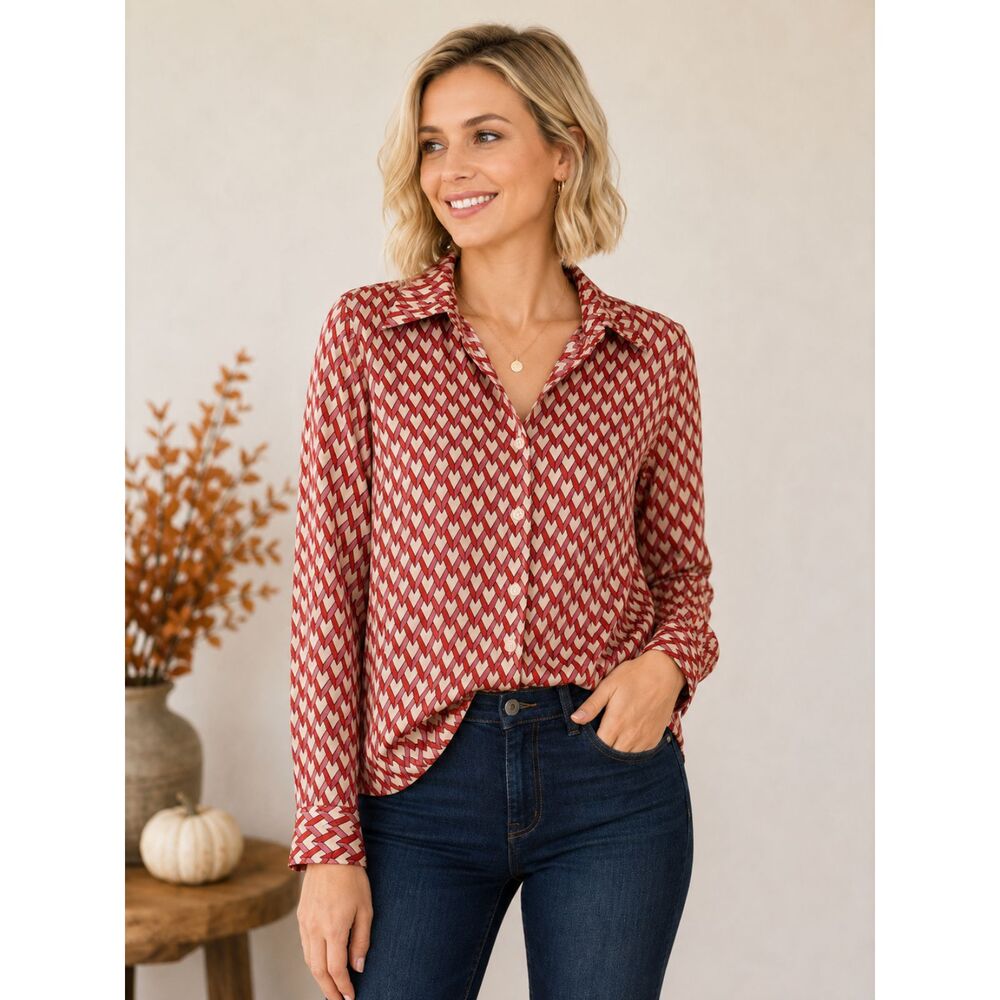 H&M Sz. XS Rust/Mauve/Cream Geometric Chevron Button Down Silky Blouse NWT #19